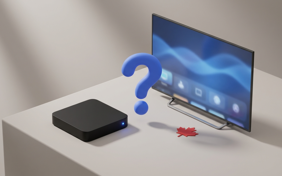 A streaming box and a smart TV with a question mark between them, asking if you need an IPTV box in Canada