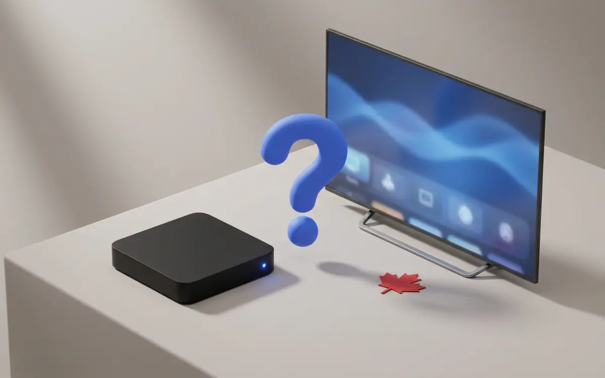 A streaming box and a smart TV with a question mark between them, asking if you need an IPTV box in Canada