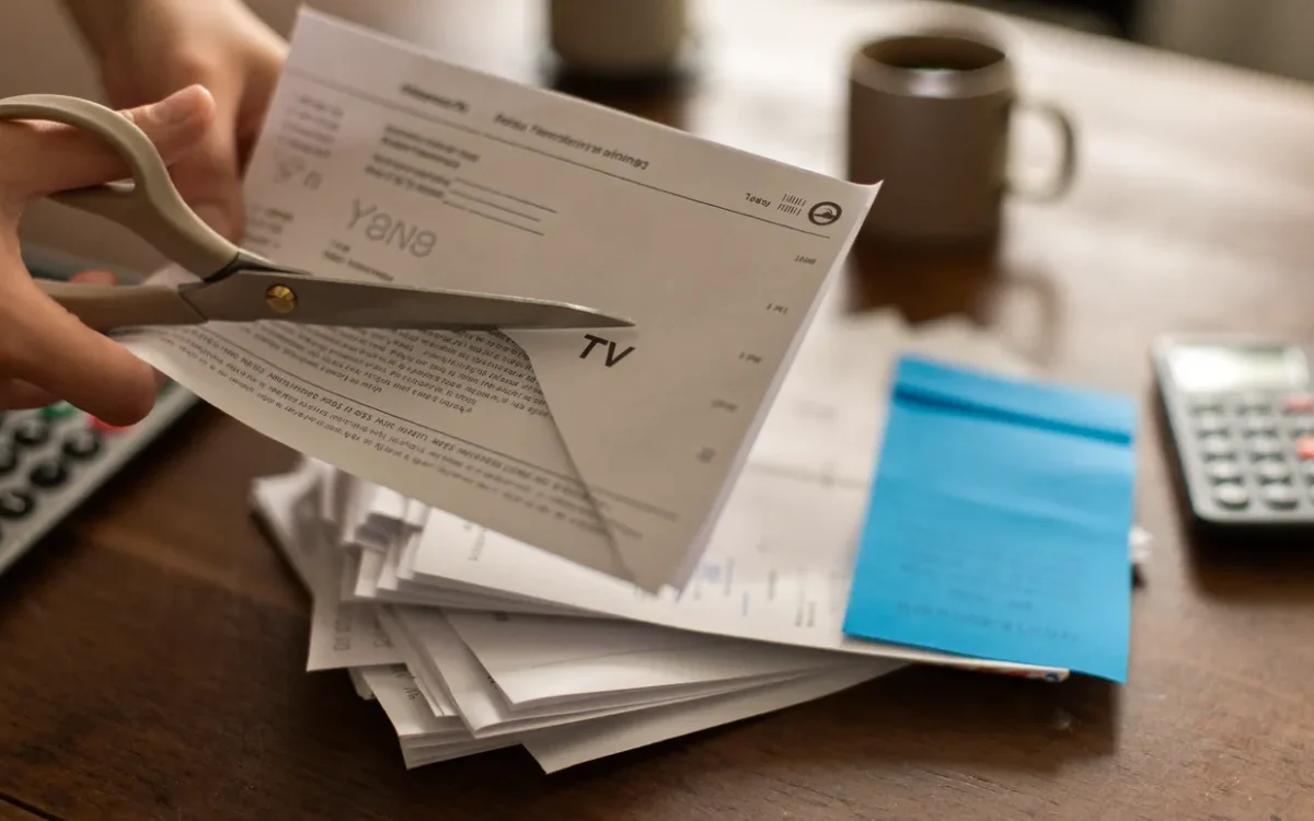 Hands cutting a TV bill in half with scissors beside a calculator, showing the real IPTV cost in Canada