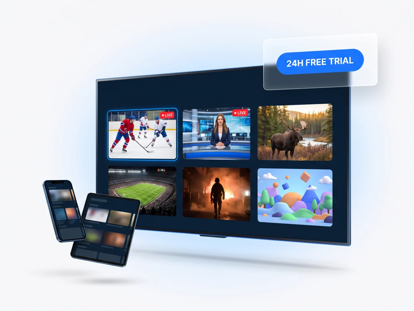 Smart TV, tablet and phone streaming live sports, news and movies during the IPTV Canada (iptvv.ca) 24-hour free trial