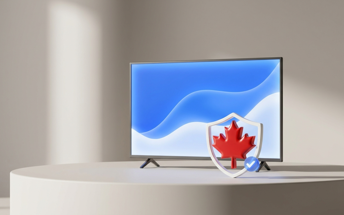 Maple leaf in a verified shield badge beside a TV, showing IPTV from a Canadian provider