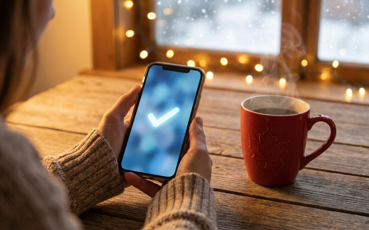 Person at a cozy Canadian kitchen table confirming a payment to an IPTV provider from Canada, maple leaf mug beside them