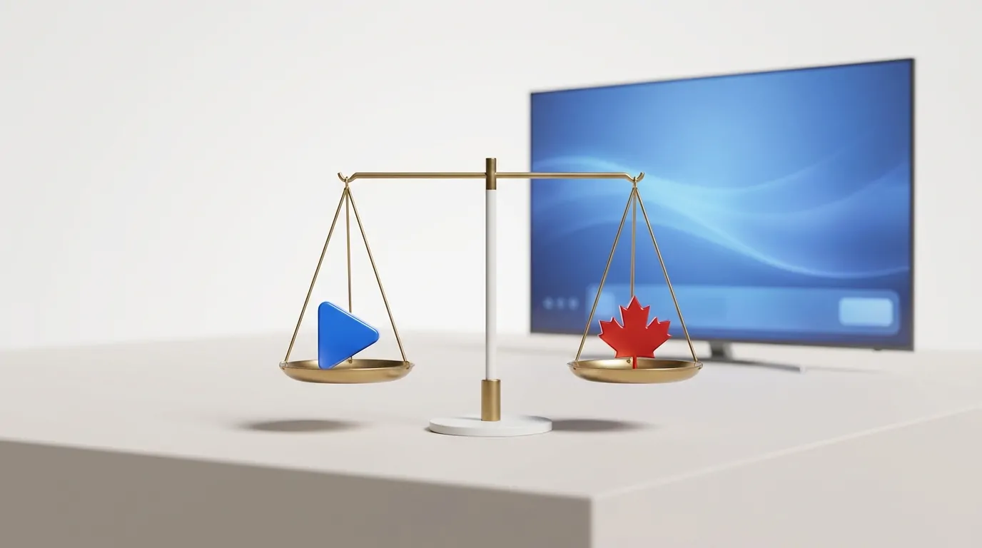 Justice scale weighing a play button and a maple leaf, showing whether IPTV is legal in Canada