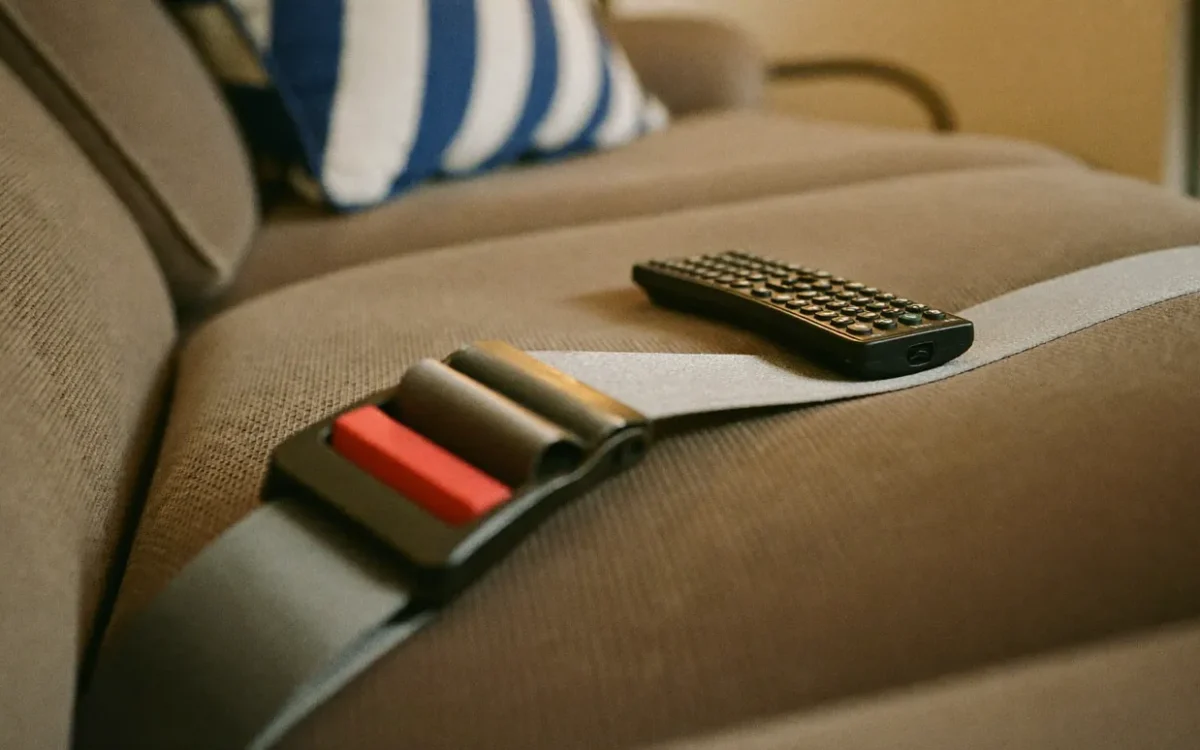 A TV remote resting on a fastened seatbelt across a couch seat, answering is IPTV safe to use in Canada