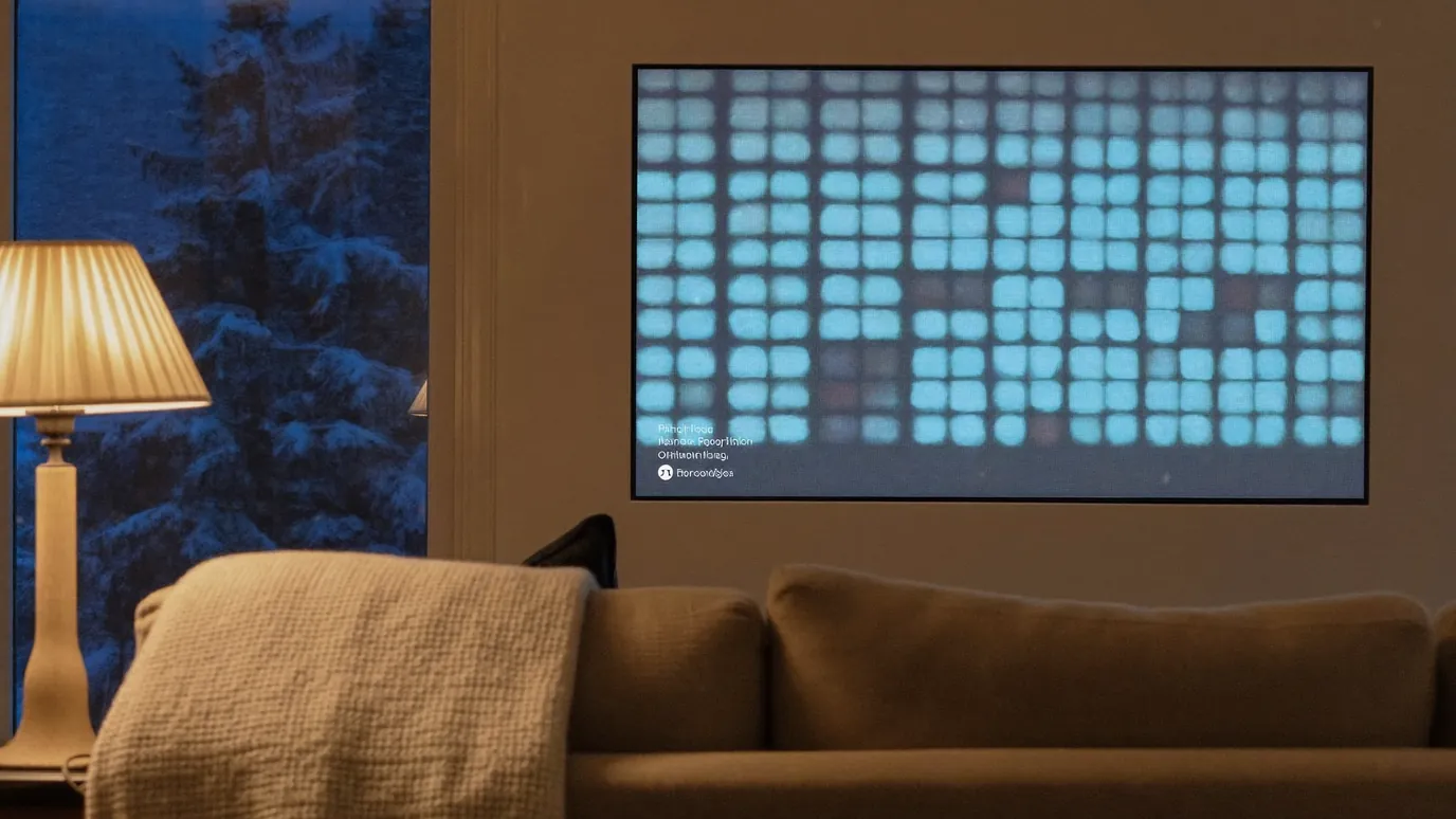 Salon canadien un soir d'hiver avec un téléviseur allumé pendant l'essai gratuit de 24 heures