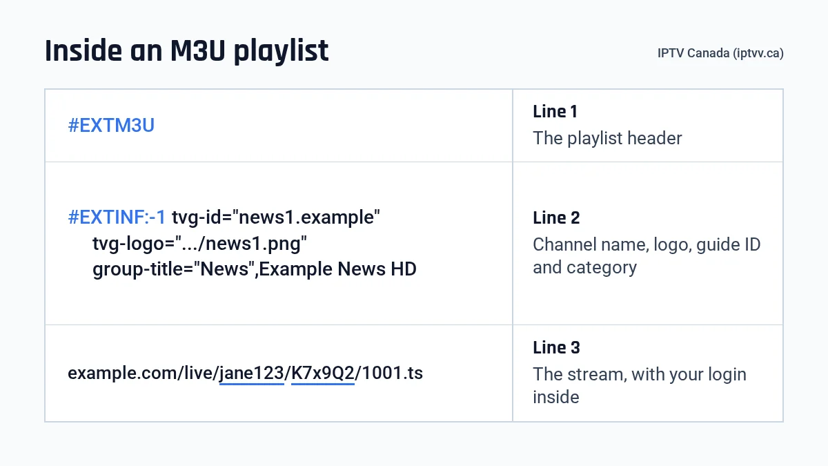 Annotated sample M3U playlist showing the #EXTM3U header, an #EXTINF channel line and its stream address