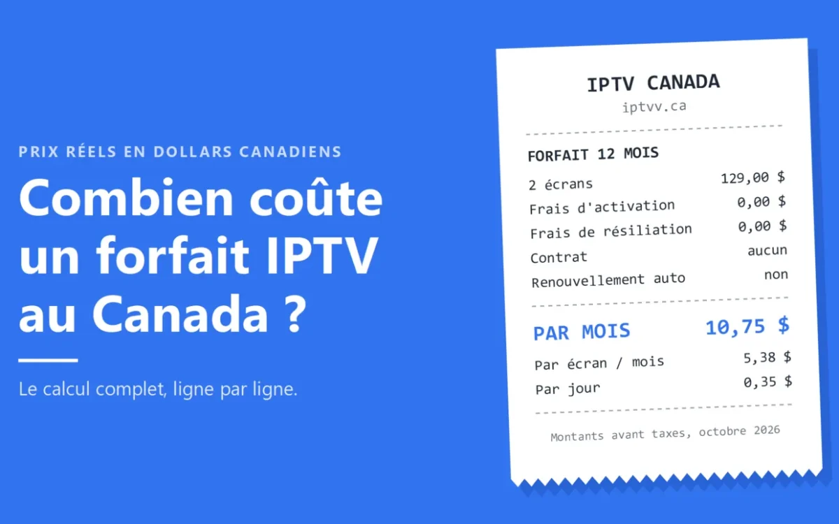 Reçu d'un forfait IPTV de 12 mois pour 2 écrans : 129 $ avant taxes, soit 10,75 $ par mois, sans frais d'activation ni contrat